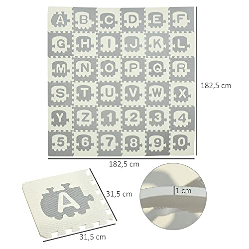 HOMCOM Alfombra Puzzle para Bebés 36 Piezas 31,5x31,5 cm con 26 Letras (A-Z) y Números 0 al 9 Juego Ronpecabezas Infantil de 3,24 m² Espuma EVA Suave Gris y Blanco