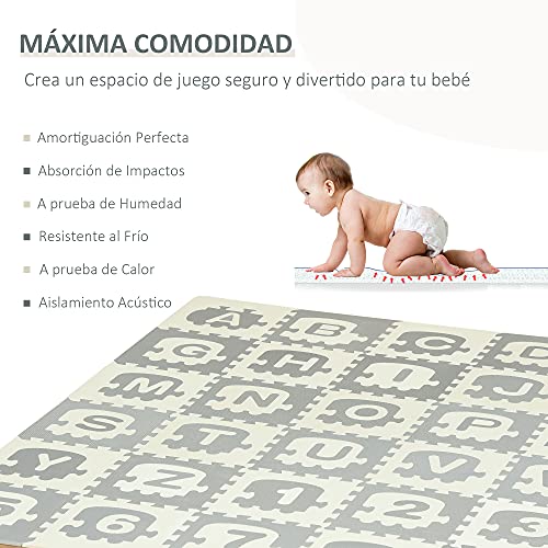 HOMCOM Alfombra Puzzle para Bebés 36 Piezas 31,5x31,5 cm con 26 Letras (A-Z) y Números 0 al 9 Juego Ronpecabezas Infantil de 3,24 m² Espuma EVA Suave Gris y Blanco