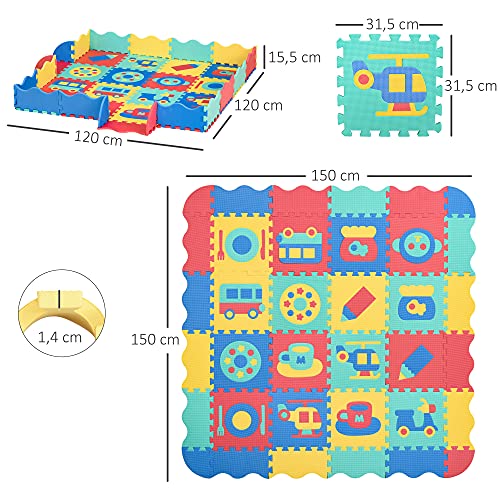 HOMCOM Alfombra Puzzle para Niños 150x150 cm con 36 Piezas de Espuma EVA Suave Área de 1,44 m² Colchoneta Rompecabezas para Bebé Multicolor