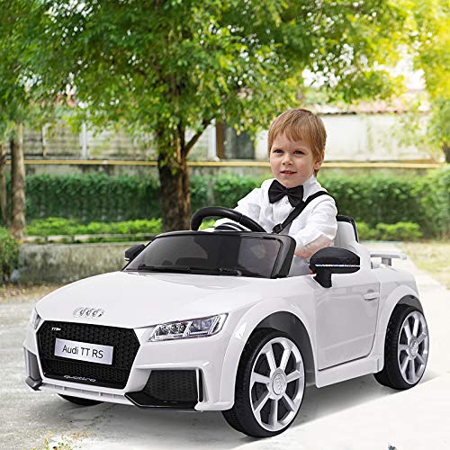 HOMCOM Audi TT Eléctrico Infantil Coche Juguete Niño 3 Años+ con Mando a Distancia con Música y Luces Modos de Aprendizaje Batería 6V Doble Apertura de Puerta Carga 30kg 103x63x44cm Color Blanco