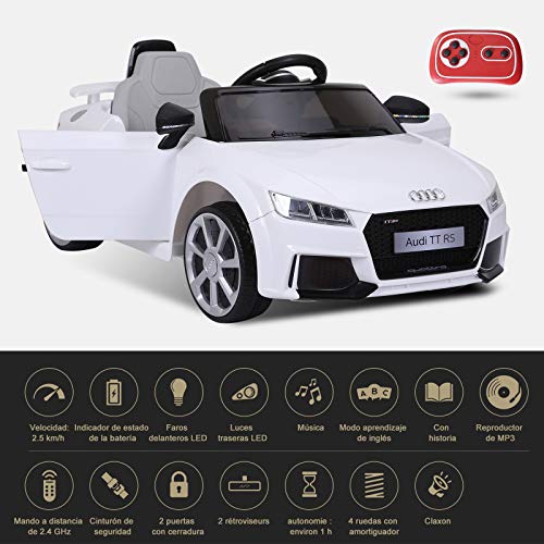 HOMCOM Audi TT Eléctrico Infantil Coche Juguete Niño 3 Años+ con Mando a Distancia con Música y Luces Modos de Aprendizaje Batería 6V Doble Apertura de Puerta Carga 30kg 103x63x44cm Color Blanco