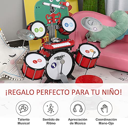 HOMCOM Batería Infantil con Taburete Micrófono Platos Baquetas Teclado y Varios Efectos de DJ Instrumento Musical para Niños +3 Años 77,5x40x76,5 cm Rojo