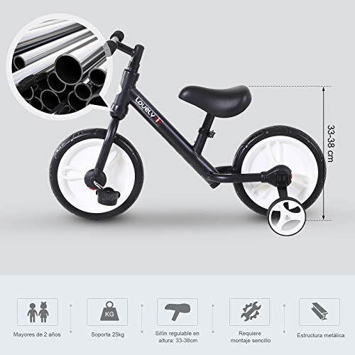 HOMCOM Bicicleta de Equilibrio con Pedales y Ruedas Entrenamiento Extraíbles de Asiento Regulable 33-38cm Niños +24 Meses Carga 25kg Negro