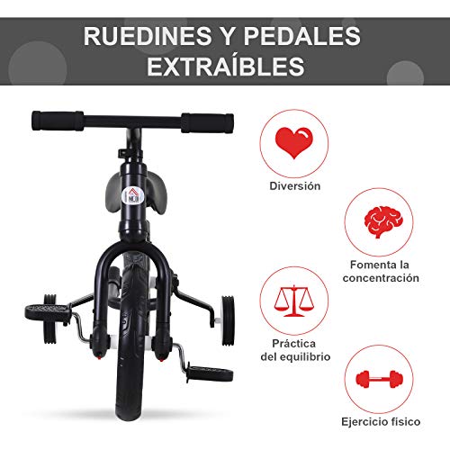 HOMCOM Bicicleta de Equilibrio con Pedales y Ruedas Entrenamiento Extraíbles de Asiento Regulable 33-38cm Niños +24 Meses Carga 25kg Negro