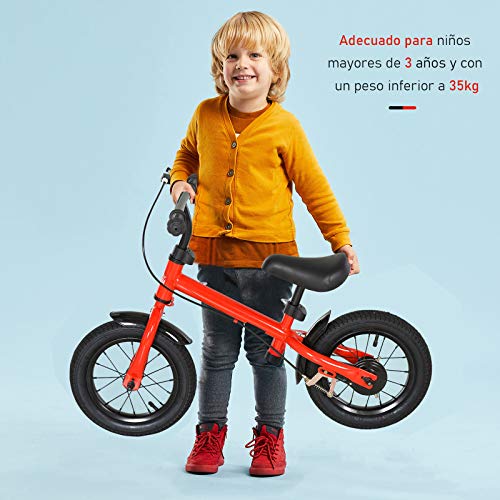 HOMCOM Bicicleta sin Pedales Altura Ajustable con Llantas de Goma Inflables para Niños Mayores de 3 Años Asiento Acolchado Bicicleta de Equilibrio 86x43x60 cm Rojo