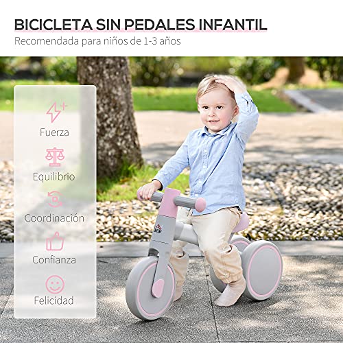 HOMCOM Bicicleta sin Pedales para Niños de 1-3 Años Bicicleta de Equilibrio con 3 Ruedas Silenciosas Correpasillos Triciclo de Bebé 60x24x37 cm Rosa