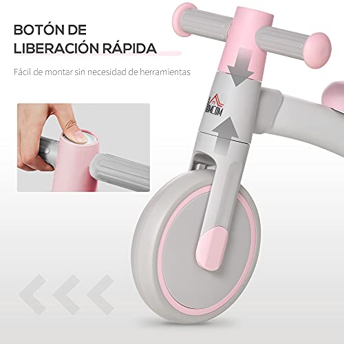 HOMCOM Bicicleta sin Pedales para Niños de 1-3 Años Bicicleta de Equilibrio con 3 Ruedas Silenciosas Correpasillos Triciclo de Bebé 60x24x37 cm Rosa