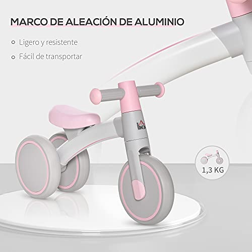 HOMCOM Bicicleta sin Pedales para Niños de 1-3 Años Bicicleta de Equilibrio con 3 Ruedas Silenciosas Correpasillos Triciclo de Bebé 60x24x37 cm Rosa