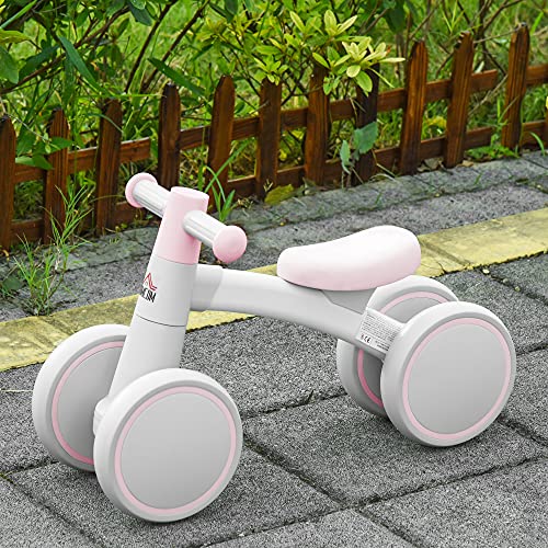 HOMCOM Bicicleta sin Pedales para Niños de 1-3 Años Bicicleta de Equilibrio con 4 Ruedas Ligeras Correpasillos Infantil 60x24x37 cm Rosa