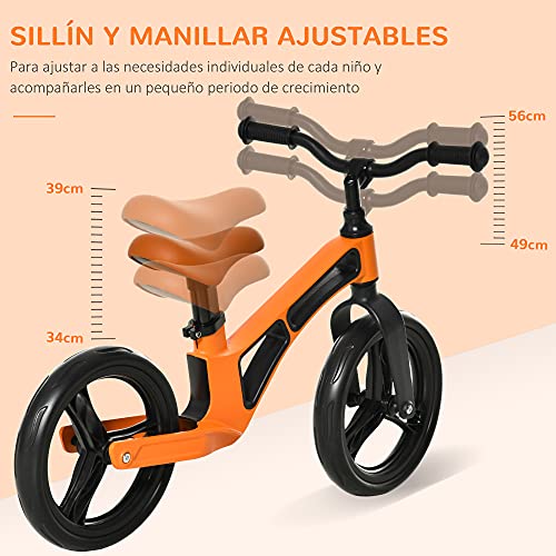 HOMCOM Bicicleta sin Pedales para Niños de 2 a 5 Años Aleación de magnesio Bicicleta de Equilibrio Infantil con Sillín y Manillar Ajustables Ruedas de Goma 86x41x49-56 cm Naranja