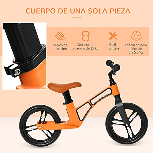 HOMCOM Bicicleta sin Pedales para Niños de 2 a 5 Años Aleación de magnesio Bicicleta de Equilibrio Infantil con Sillín y Manillar Ajustables Ruedas de Goma 86x41x49-56 cm Naranja