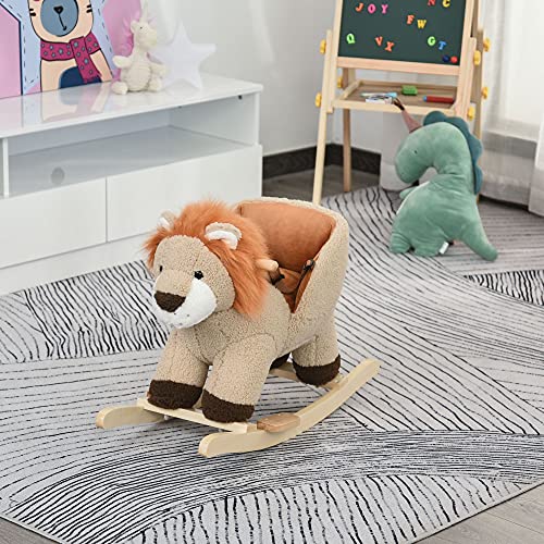 HOMCOM Caballito Balancín Infantil en Forma de León de Felpa para Bebés 18-36 Meses con Sonido Cinturón de Seguridad Manillar y Reposapiés 68x35x50 cm Marrón