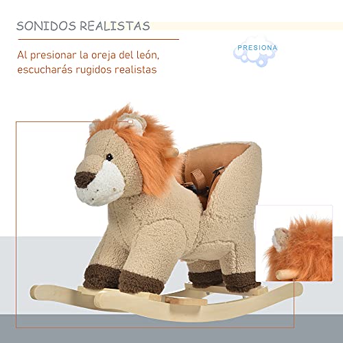 HOMCOM Caballito Balancín Infantil en Forma de León de Felpa para Bebés 18-36 Meses con Sonido Cinturón de Seguridad Manillar y Reposapiés 68x35x50 cm Marrón