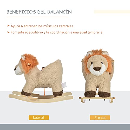 HOMCOM Caballito Balancín Infantil en Forma de León de Felpa para Bebés 18-36 Meses con Sonido Cinturón de Seguridad Manillar y Reposapiés 68x35x50 cm Marrón