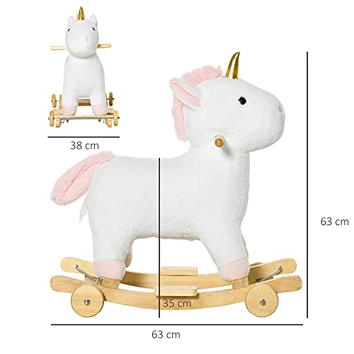 HOMCOM Caballito Balancín Infantil en Forma de Unicornio para Niños de +3 Años Balancín de Felpa 2 en 1 con Ruedas y Sonidos 63x38x63 cm Blanco