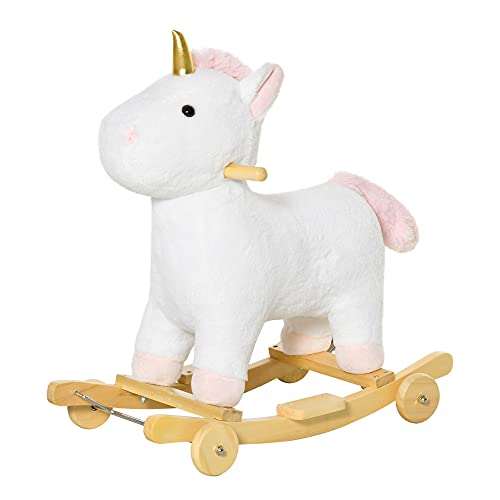 HOMCOM Caballito Balancín Infantil en Forma de Unicornio para Niños de +3 Años Balancín de Felpa 2 en 1 con Ruedas y Sonidos 63x38x63 cm Blanco