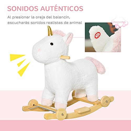 HOMCOM Caballito Balancín Infantil en Forma de Unicornio para Niños de +3 Años Balancín de Felpa 2 en 1 con Ruedas y Sonidos 63x38x63 cm Blanco