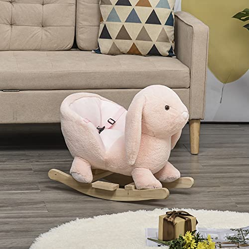 HOMCOM Caballito Balancín Infantil Forma de Conejo de Felpa para Bebés 18-36 Meses con Sonido Cinturón de Seguridad Manillar y Reposapiés 60x33x50cm Rosa