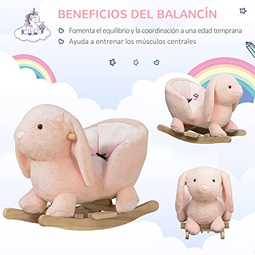 HOMCOM Caballito Balancín Infantil Forma de Conejo de Felpa para Bebés 18-36 Meses con Sonido Cinturón de Seguridad Manillar y Reposapiés 60x33x50cm Rosa