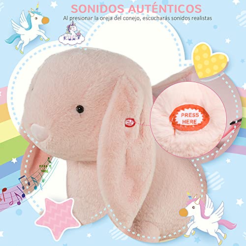 HOMCOM Caballito Balancín Infantil Forma de Conejo de Felpa para Bebés 18-36 Meses con Sonido Cinturón de Seguridad Manillar y Reposapiés 60x33x50cm Rosa