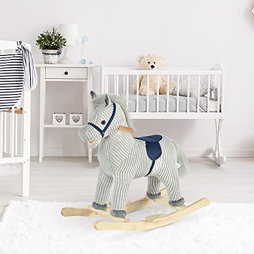 HOMCOM Caballito Balancín Infantil para Niños de +3 Años Caballo Mecedora de Felpa con Sonidos de Relincho y Galope Base de Madera 73x35x64 cm Azul y Rayas Gris