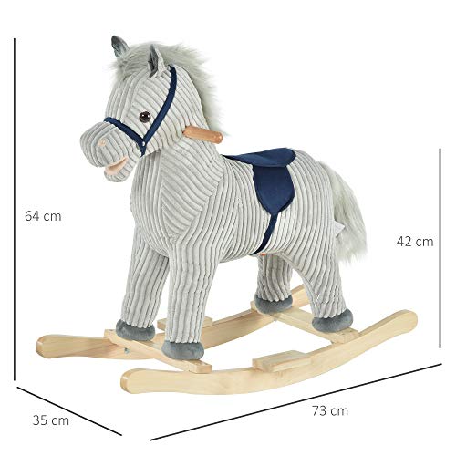 HOMCOM Caballito Balancín Infantil para Niños de +3 Años Caballo Mecedora de Felpa con Sonidos de Relincho y Galope Base de Madera 73x35x64 cm Azul y Rayas Gris