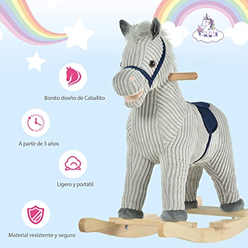 HOMCOM Caballito Balancín Infantil para Niños de +3 Años Caballo Mecedora de Felpa con Sonidos de Relincho y Galope Base de Madera 73x35x64 cm Azul y Rayas Gris