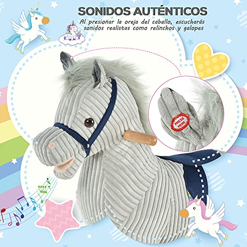 HOMCOM Caballito Balancín Infantil para Niños de +3 Años Caballo Mecedora de Felpa con Sonidos de Relincho y Galope Base de Madera 73x35x64 cm Azul y Rayas Gris