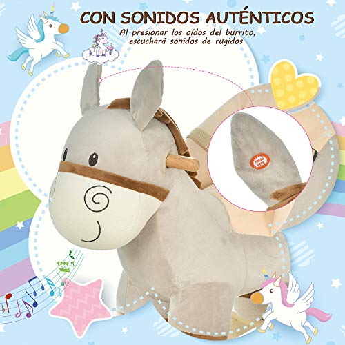 HOMCOM Caballito de Balancín en Forma de Asno Caballo Balancín para Bebé de +18 Meses con Manillar Cinturón de Seguridad y Reposapiés Felpa Suave 61x34x58 cm Gris