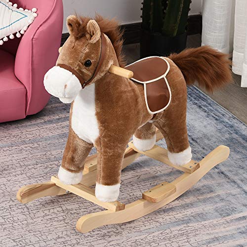 HOMCOM Caballo Balancín para Bebé Mayores de 36 Meses Juguete Balancín de Felpa Suave con Música Relinchos Sonidos de Galope Boca y Cola Móviles 65x32,5x61 cm Marrón