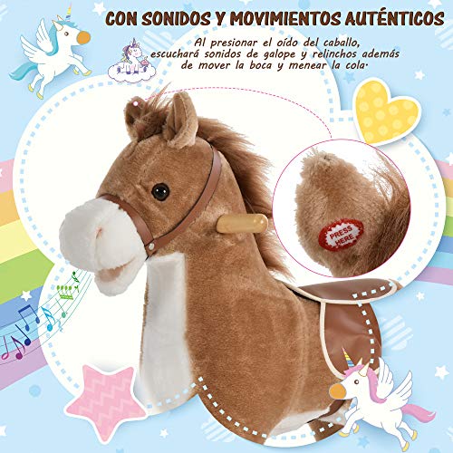 HOMCOM Caballo Balancín para Bebé Mayores de 36 Meses Juguete Balancín de Felpa Suave con Música Relinchos Sonidos de Galope Boca y Cola Móviles 65x32,5x61 cm Marrón