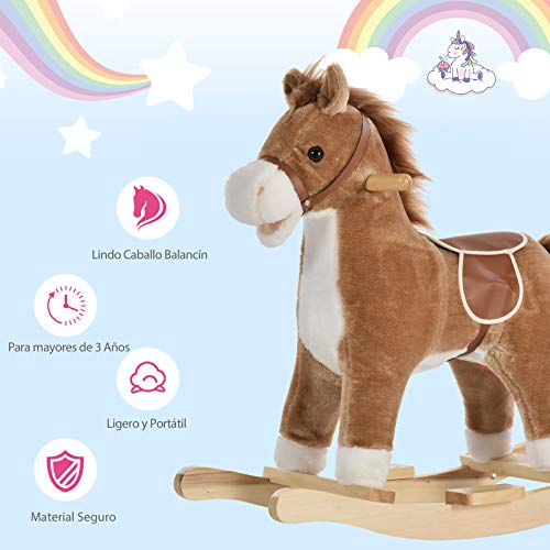 HOMCOM Caballo Balancín para Bebé Mayores de 36 Meses Juguete Balancín de Felpa Suave con Música Relinchos Sonidos de Galope Boca y Cola Móviles 65x32,5x61 cm Marrón