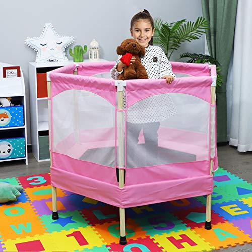 HOMCOM Cama Elástica para Niños Mayores de 3 Años Trampolín Infantil con Red de Seguridad para máximo 80kg 126x109x98cm Rosa