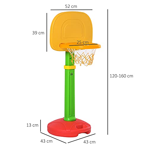 HOMCOM Canasta de Baloncesto Infantil con Altura Ajustable 2 Pelotas e Inflador para Niños +3 Años Juguetes Deportivos en Interiores y Exteriores 52,5x44x120-160 cm Multicolor