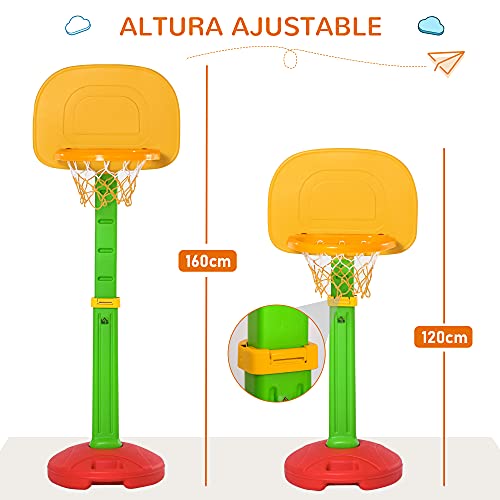 HOMCOM Canasta de Baloncesto Infantil con Altura Ajustable 2 Pelotas e Inflador para Niños +3 Años Juguetes Deportivos en Interiores y Exteriores 52,5x44x120-160 cm Multicolor