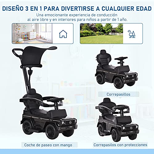 HOMCOM Coche Correpasillos para Niños +12 Meses Mercedes G350 Empujador Andador con Bocina Capota Extraíble Respaldo y Barandilla 85,5x40,5x95 cm Negro