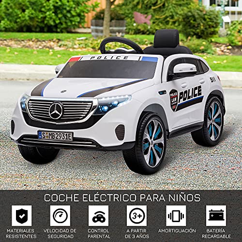 HOMCOM Coche Eléctrico de Policía para Niños Mercedes EQC Batería 12V +3 Años con Mando a Distancia Música Bocina y Faros Doble Apertura 106x68x53 cm Blanco