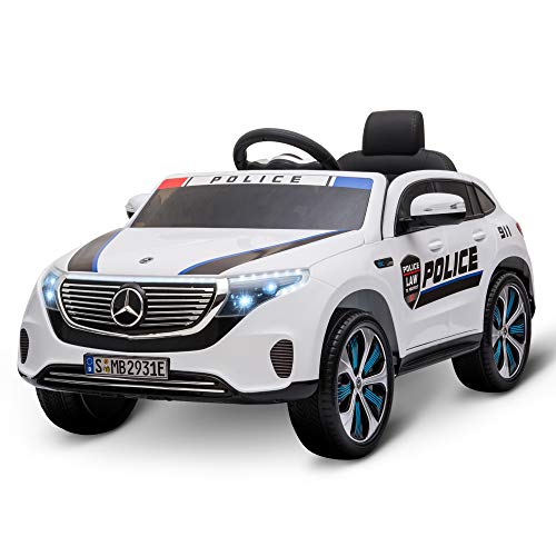 HOMCOM Coche Eléctrico de Policía para Niños Mercedes EQC Batería 12V +3 Años con Mando a Distancia Música Bocina y Faros Doble Apertura 106x68x53 cm Blanco