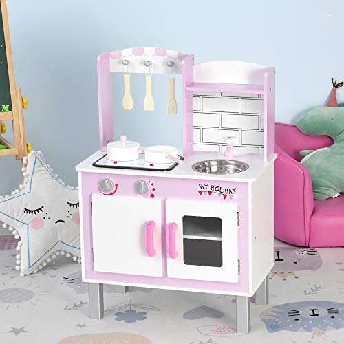 HOMCOM Cocinita de Juguete para Niños con Función de Sonido Armario Ganchos 5 Accesorios Incluidos Cocina Infantil Educativo +3 Años Madera 55x30x80 cm Rosa