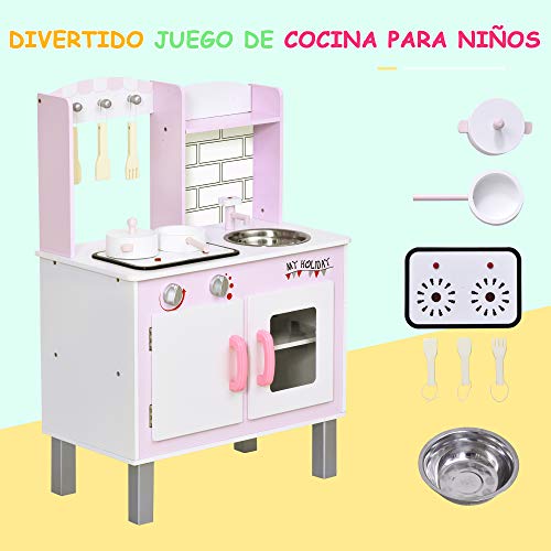 HOMCOM Cocinita de Juguete para Niños con Función de Sonido Armario Ganchos 5 Accesorios Incluidos Cocina Infantil Educativo +3 Años Madera 55x30x80 cm Rosa