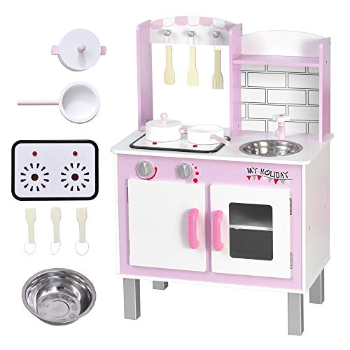 HOMCOM Cocinita de Juguete para Niños con Función de Sonido Armario Ganchos 5 Accesorios Incluidos Cocina Infantil Educativo +3 Años Madera 55x30x80 cm Rosa