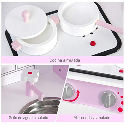 HOMCOM Cocinita de Juguete para Niños con Función de Sonido Armario Ganchos 5 Accesorios Incluidos Cocina Infantil Educativo +3 Años Madera 55x30x80 cm Rosa