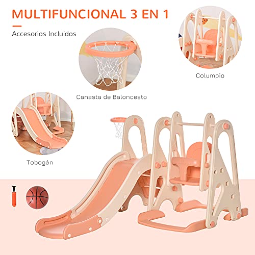 HOMCOM Columpio y Tobogán para Niños de +18 Meses Canasta de Baloncesto 3 en 1 con Asiento Ajustable Parque Infantil Interior y Exterior 158x117x97 cm Coral