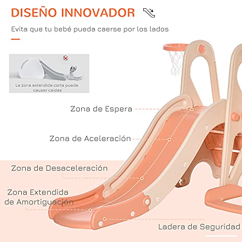 HOMCOM Columpio y Tobogán para Niños de +18 Meses Canasta de Baloncesto 3 en 1 con Asiento Ajustable Parque Infantil Interior y Exterior 158x117x97 cm Coral