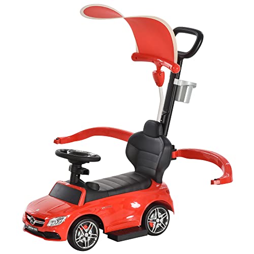 HOMCOM Correpasillo para Niños Mayores de 1 Año Cochecito Automóvil Diseño 3 en 1 Empujador Andador Función de Bocina con Capota Reposapiés Portavasos 84x40x83 cm Rojo