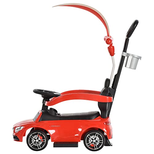 HOMCOM Correpasillo para Niños Mayores de 1 Año Cochecito Automóvil Diseño 3 en 1 Empujador Andador Función de Bocina con Capota Reposapiés Portavasos 84x40x83 cm Rojo