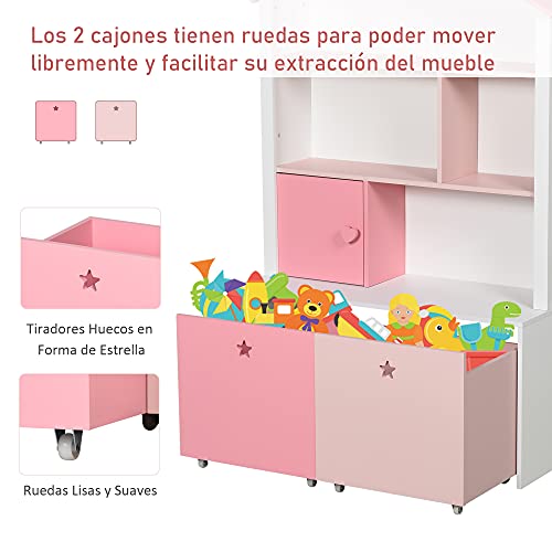 HOMCOM Estantería de Madera Infantil Librería para Niños con 4 Compartimentos 1 Puerta y 2 Cajones Extraíbles con Ruedas para Libros Juguetes 80x34x130 cm Rosa y Blanco