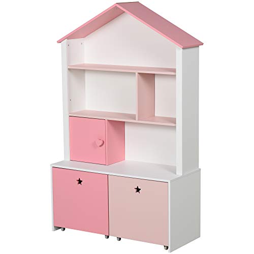 HOMCOM Estantería de Madera Infantil Librería para Niños con 4 Compartimentos 1 Puerta y 2 Cajones Extraíbles con Ruedas para Libros Juguetes 80x34x130 cm Rosa y Blanco