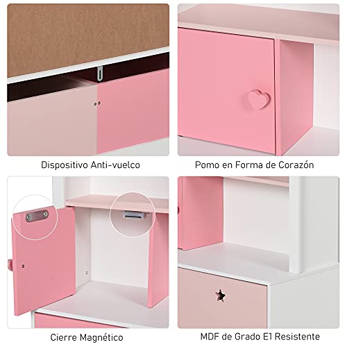 HOMCOM Estantería de Madera Infantil Librería para Niños con 4 Compartimentos 1 Puerta y 2 Cajones Extraíbles con Ruedas para Libros Juguetes 80x34x130 cm Rosa y Blanco