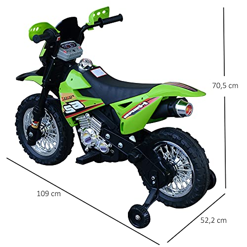 HOMCOM Moto de Batería Infantil Motocicleta Eléctrica para Niños de +3 Años con Luces Música y Ruedas de Apoyo 109x52,2x70,5 cm Verde